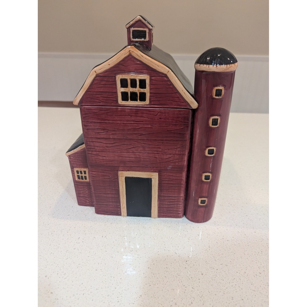 Barn Cookie Jar Kitchen Decor Red Black Good Condition Farmhouse Silo